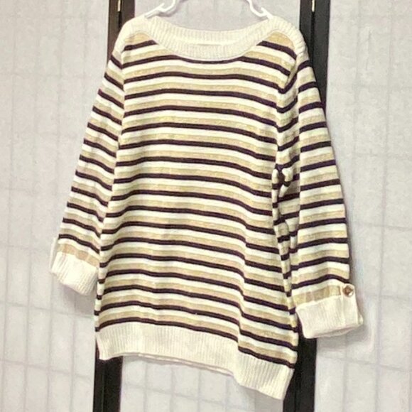Karen Scott Wide Stripe Knit Sweater Boat Neck XL 3/4 Sleeve Metallic Gold - Picture 4 of 12